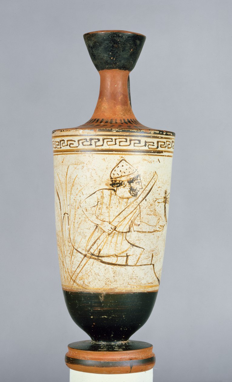 Attische wit-grond lekythos versierd met Charon, de veerman van de Onderwereld die de ziel van een dode ontvangt, uit Athene, ca. 475-425 v.Chr. door Tymbos Painter