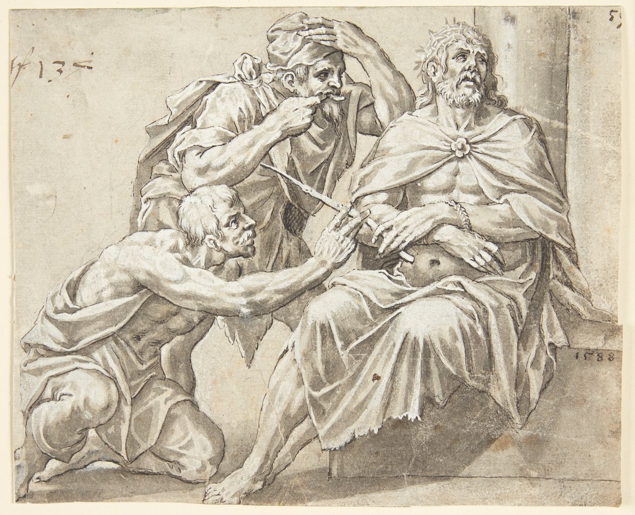 De zittende doornengekroonde Christus wordt bespot door twee beulen, de ene staand, de andere knielend links door Ubekendt