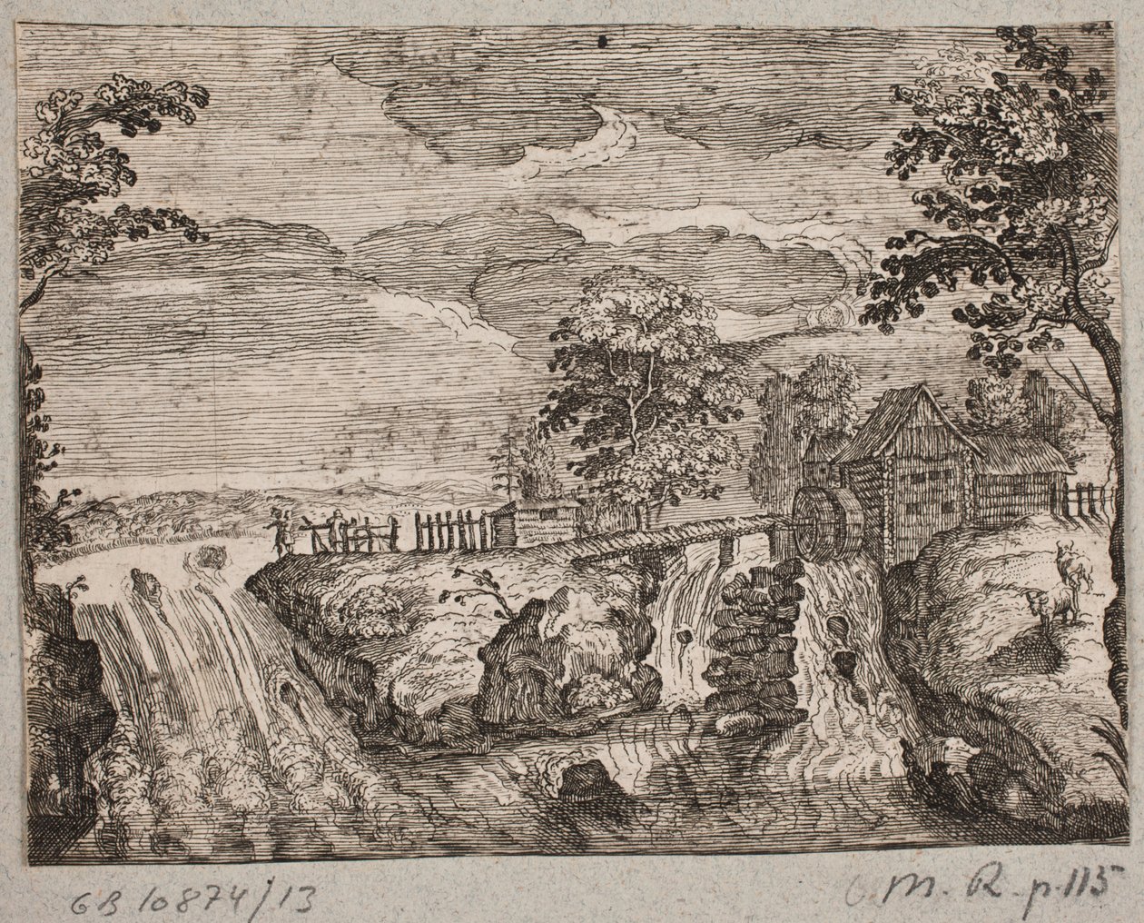 Rivier met stroomversnelling en een watermolen door Ubekendt