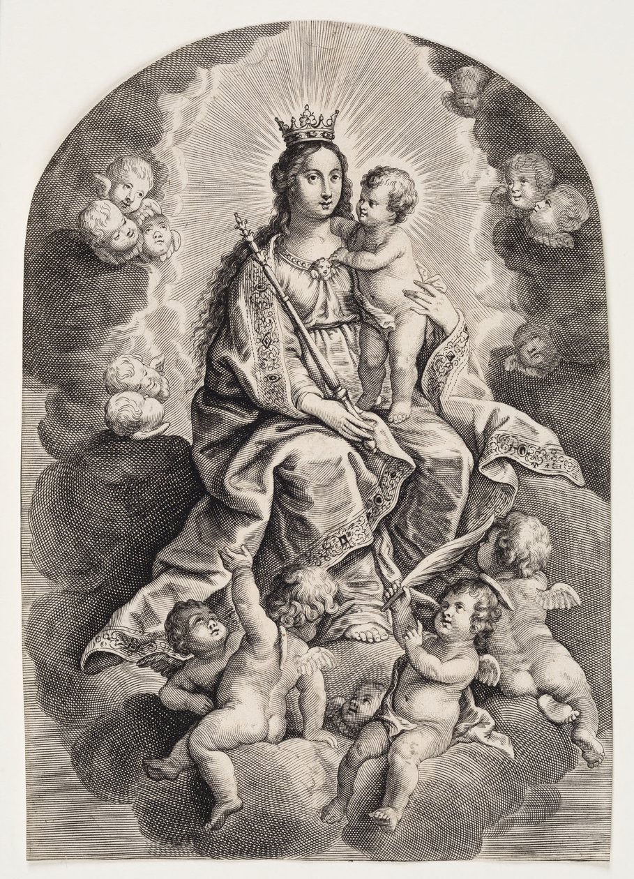 Maagd Maria in de wolken, met het kindje Jezus, scepter en kroon door Ubekendt