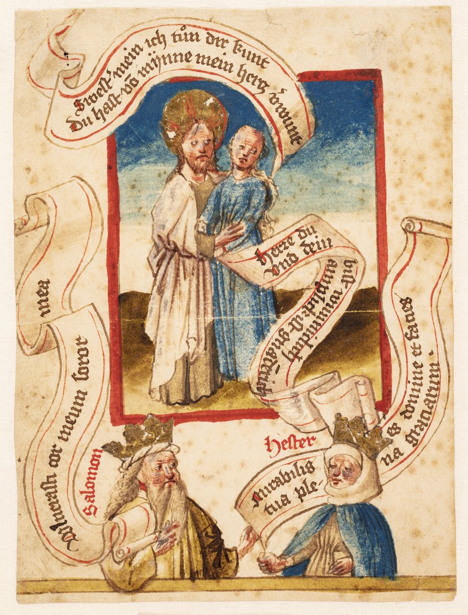 Christus omhelst een vrouw (personificatie van de gelovigen?) Beneden "Salomon" en "Hester" door Ubekendt