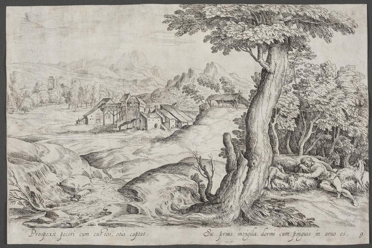 Landschap met een Stad en een Slapende Herder door Ubekendt