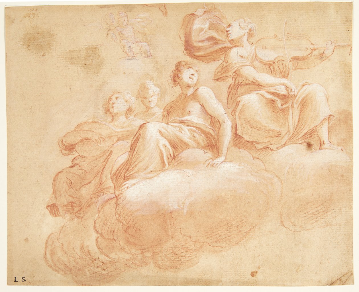 Figuren zittend op wolken. Schets voor allegorie (?) door Ubekendt Ubekendt