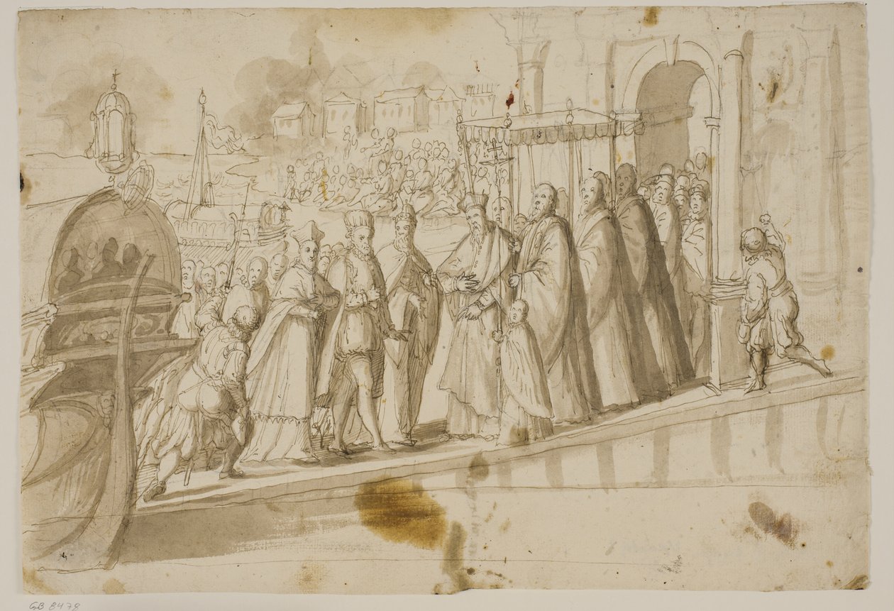 Koning Henri III, Doge Alvise Mocenigo en Kardinaal San Sisto ontvangen door de Venetiaanse patriarch Giovanni Trevisan op het Lido in Venetië door Ubekendt Ubekendt