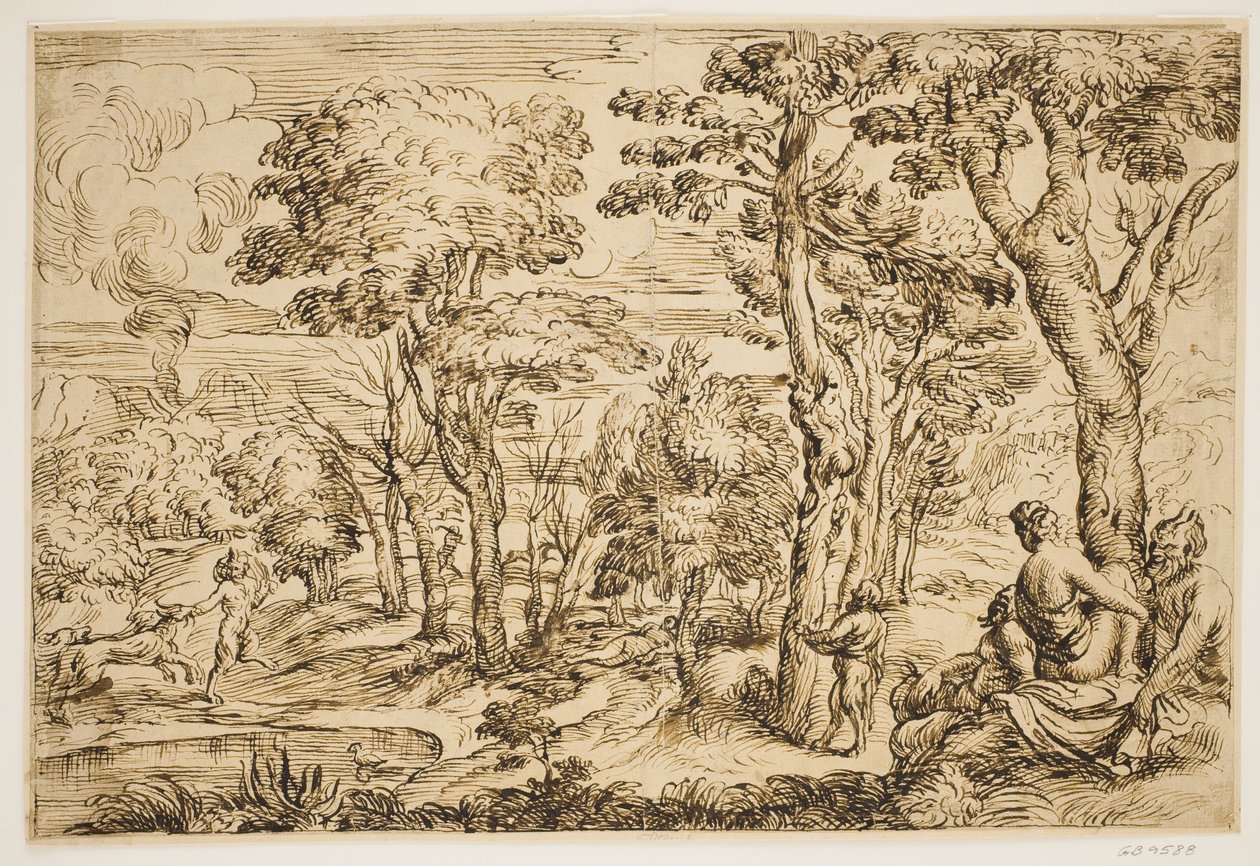 Landschap met nimfen en saters door Ubekendt Ubekendt