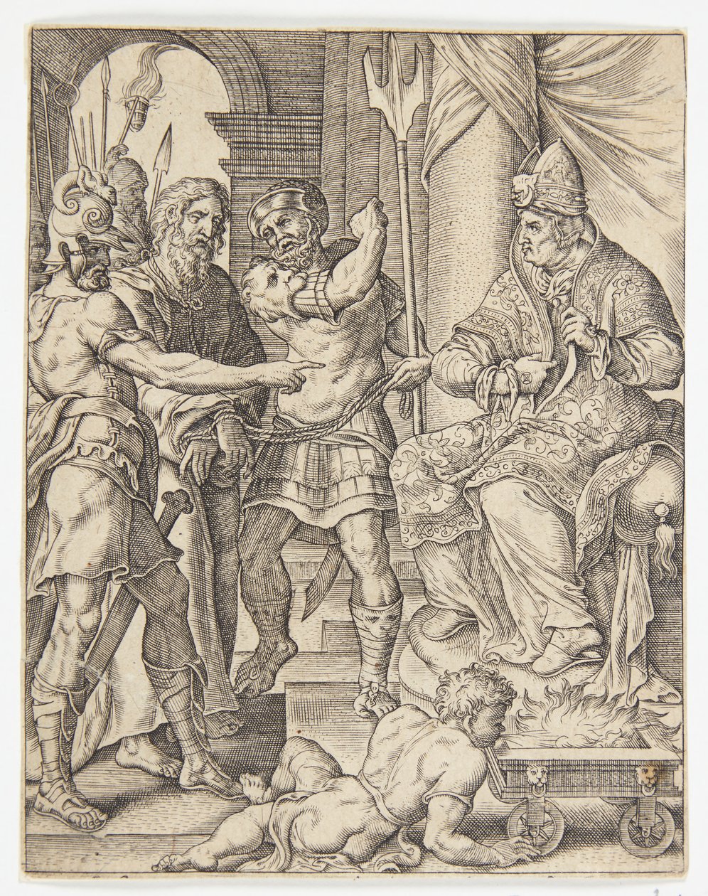 Christus voor de hogepriester Annas door Ubekendt efter Dirck Volckertsz. Coornhert efter Maarten van Heemskerck