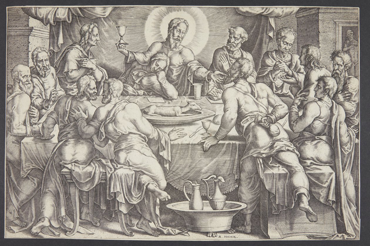 Christus voorspelt het verraad van Judas Iskariot tijdens het laatste avondmaal door Ubekendt efter Maarten van Heemskerck