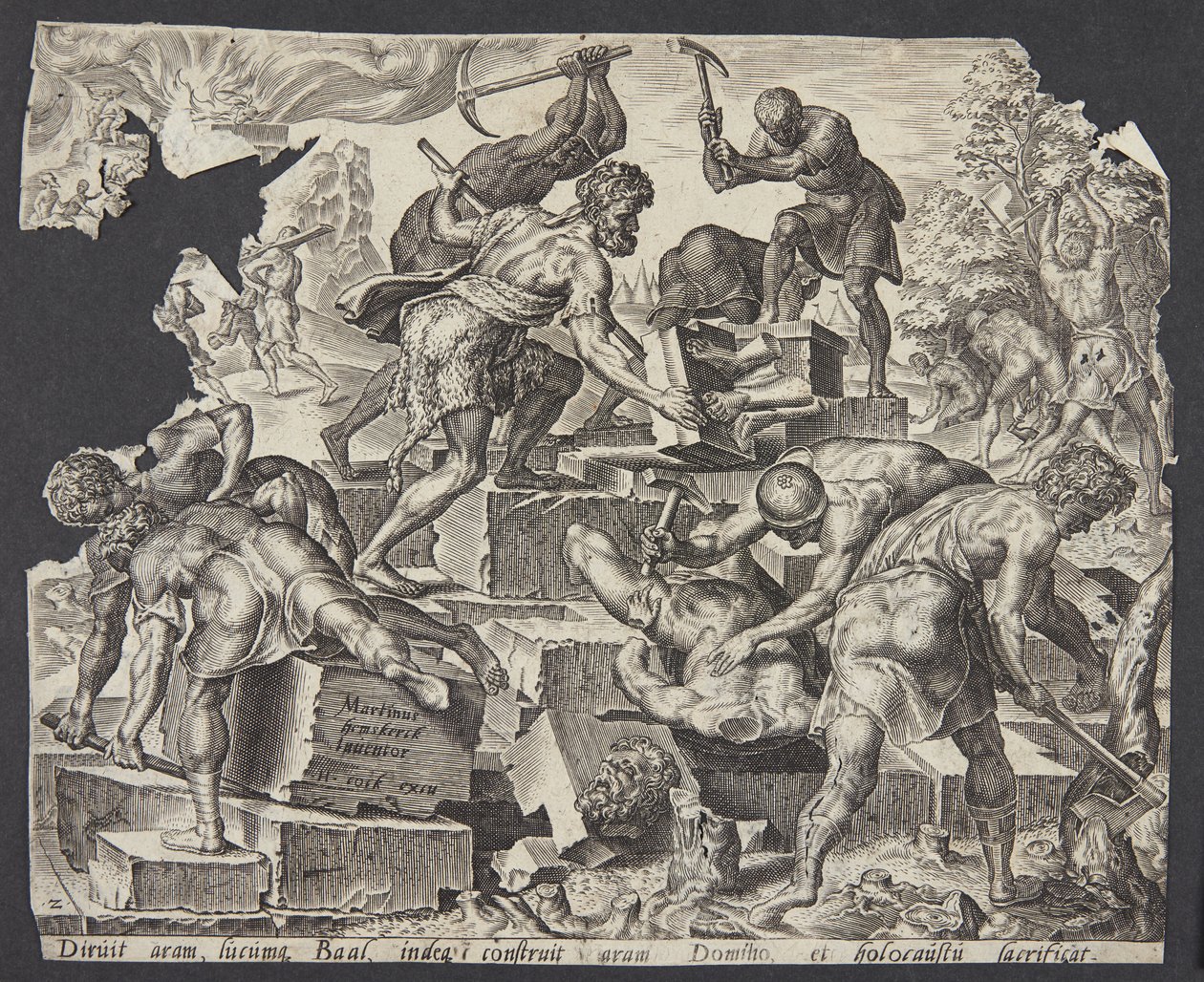 Gideon en zijn mannen vernietigen het altaar van Baäl door Ubekendt efter Maarten van Heemskerck