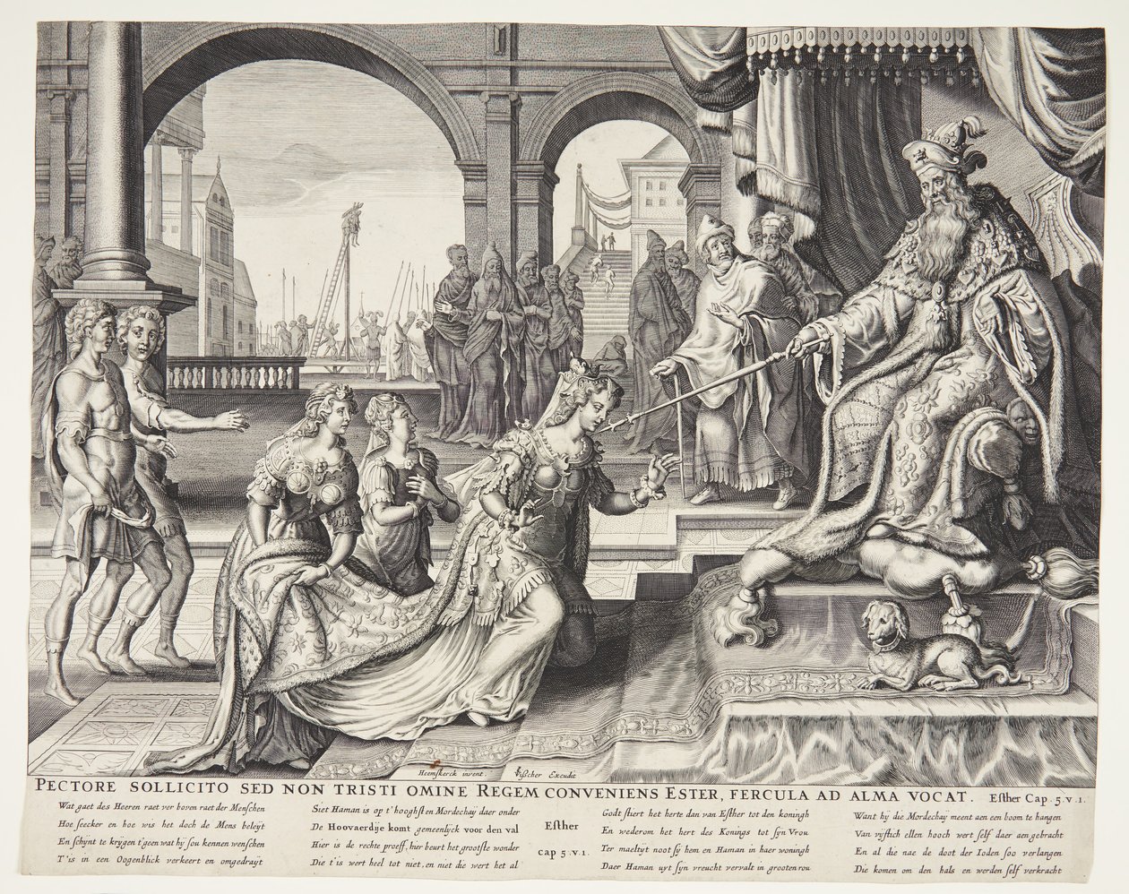 Esther voor Ahasveros, hem uitnodigend voor een banket door Ubekendt efter Philips Galle efter forlæg af Maarten van Heemskerck