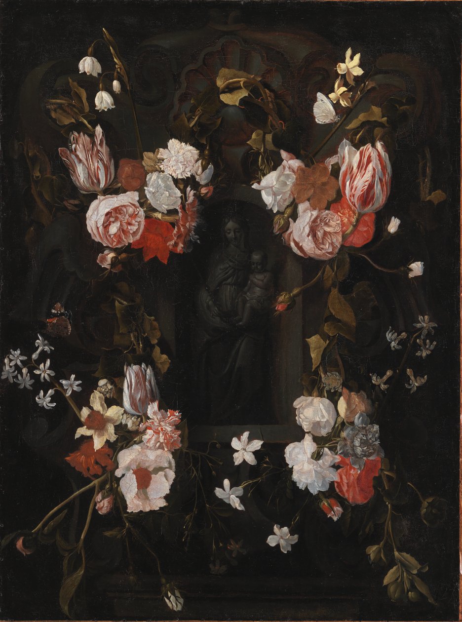 Een stenen cartouche met de Maagd Maria en het Christuskind in een nis omringd door een bloemenkrans door Ubekendt flamsk 1600 tallet