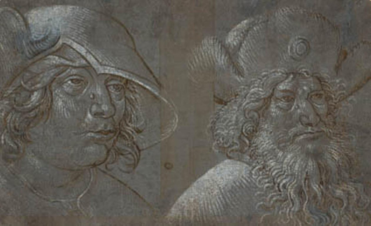 Twee mannenhoofden in driekwart profiel naar rechts, beide met opvallende hoeden door Ubekendt tysk nederlandsk ca. 1500