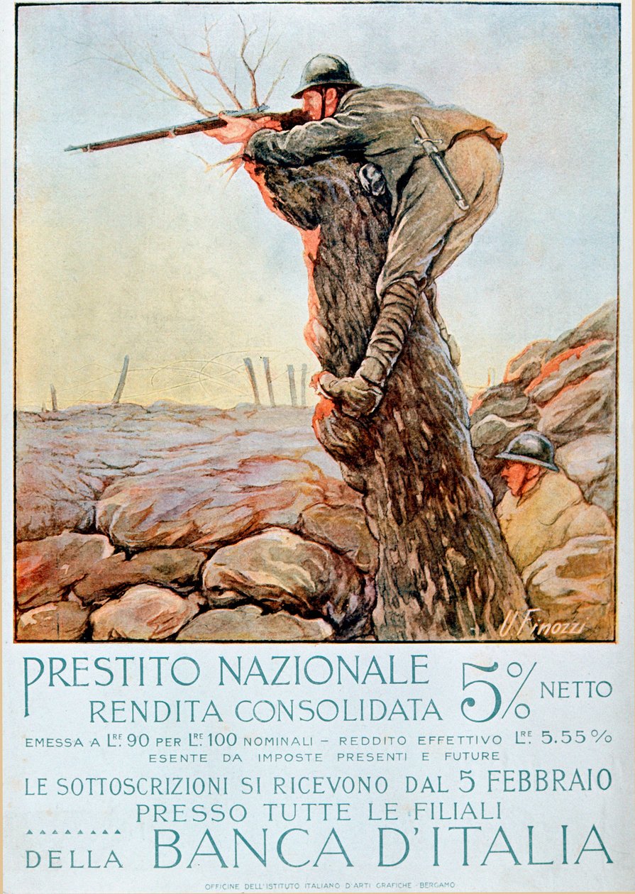 Eerste Wereldoorlog: Italiaanse poster die nationale leningen aanmoedigt. Illustratie door Ugo Finozzi (20e eeuw). 1914-1918 door Ugo Finozzi