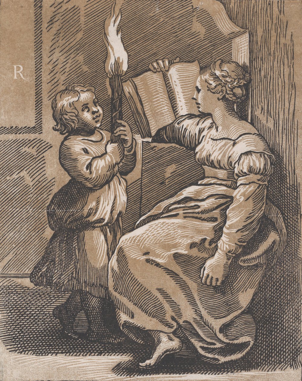 Een Sibyl die een boek leest naar links door Ugo da Carpi