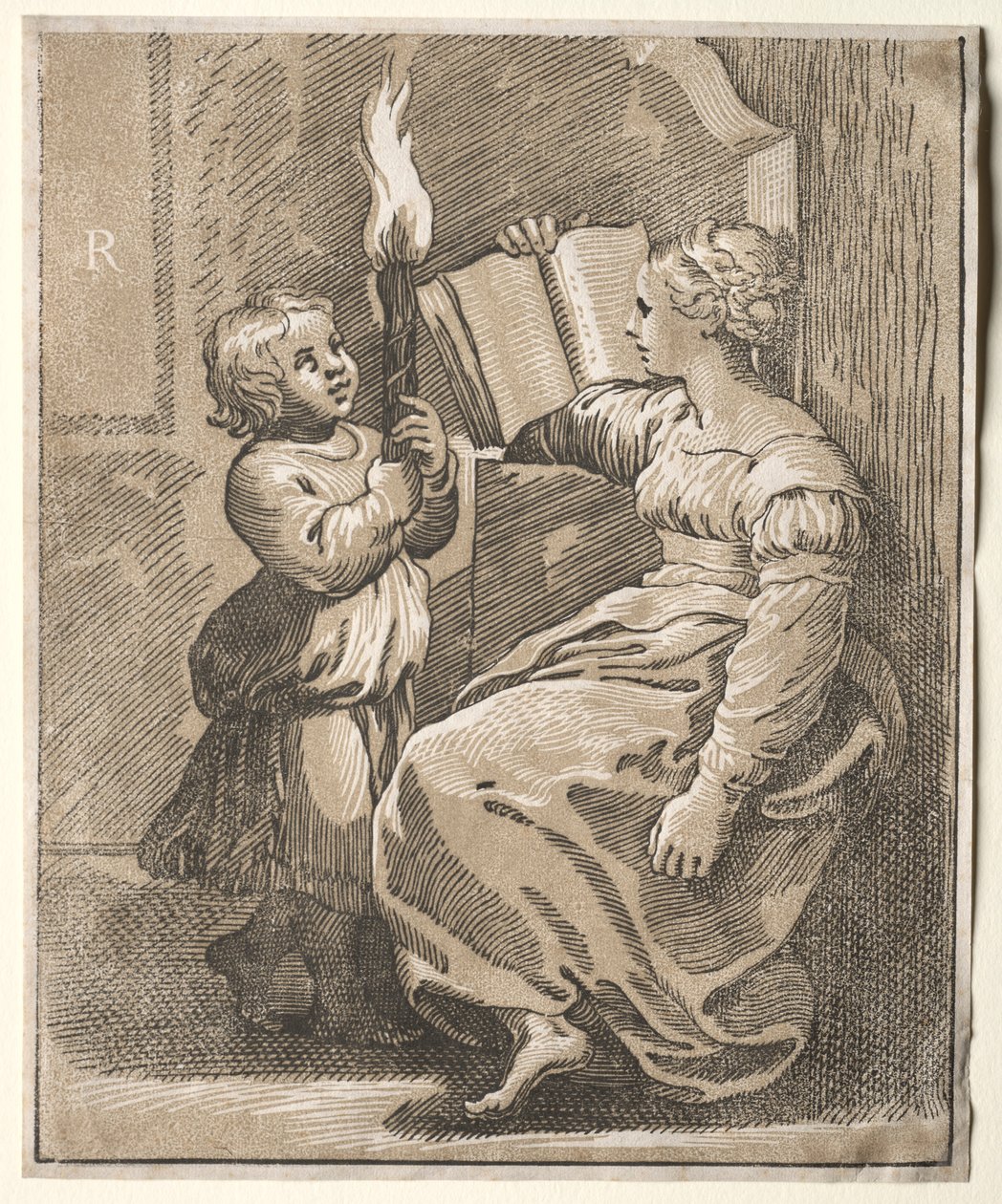 Sibyl Leest met een Kind dat een Fakkel Vasthoudt, 1518-1527 door Ugo da Carpi