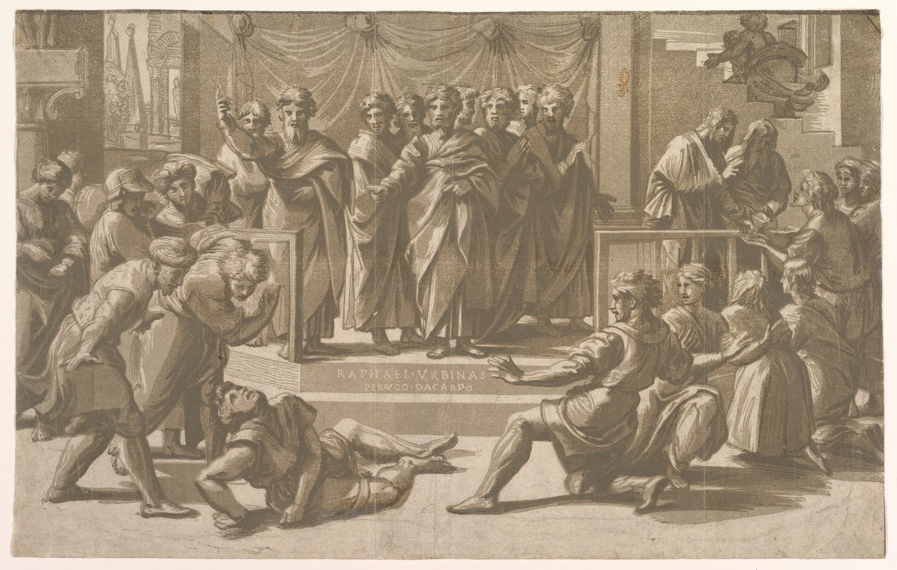 De dood van Ananias, omringd door apostelen door Ugo da Carpi