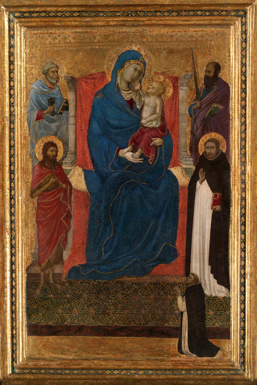 Maagd en Kind Enthroned met Heiligen Petrus, Paulus, Johannes de Doper en Dominicus en een Dominicaan door Ugolino da Siena