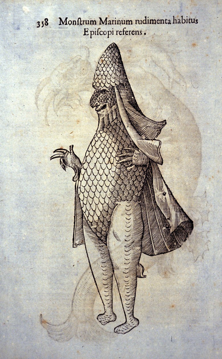 De zee-eveque, denkbeeldige vis en zeemonster door Ulisse Aldrovandi (1522-1605), 