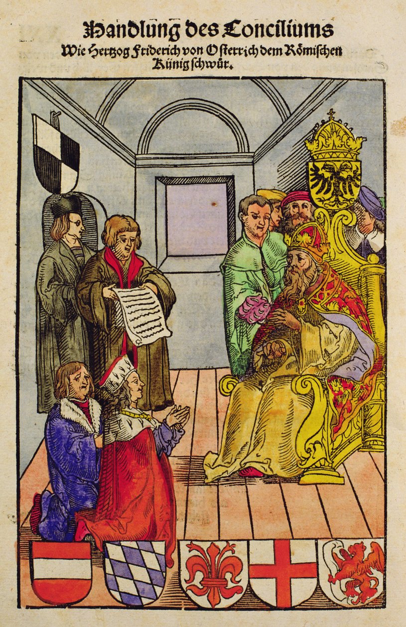 Frederik IV, hertog van Oostenrijk, verklaart zijn trouw aan de keizer op het Concilie van Konstanz, uit 