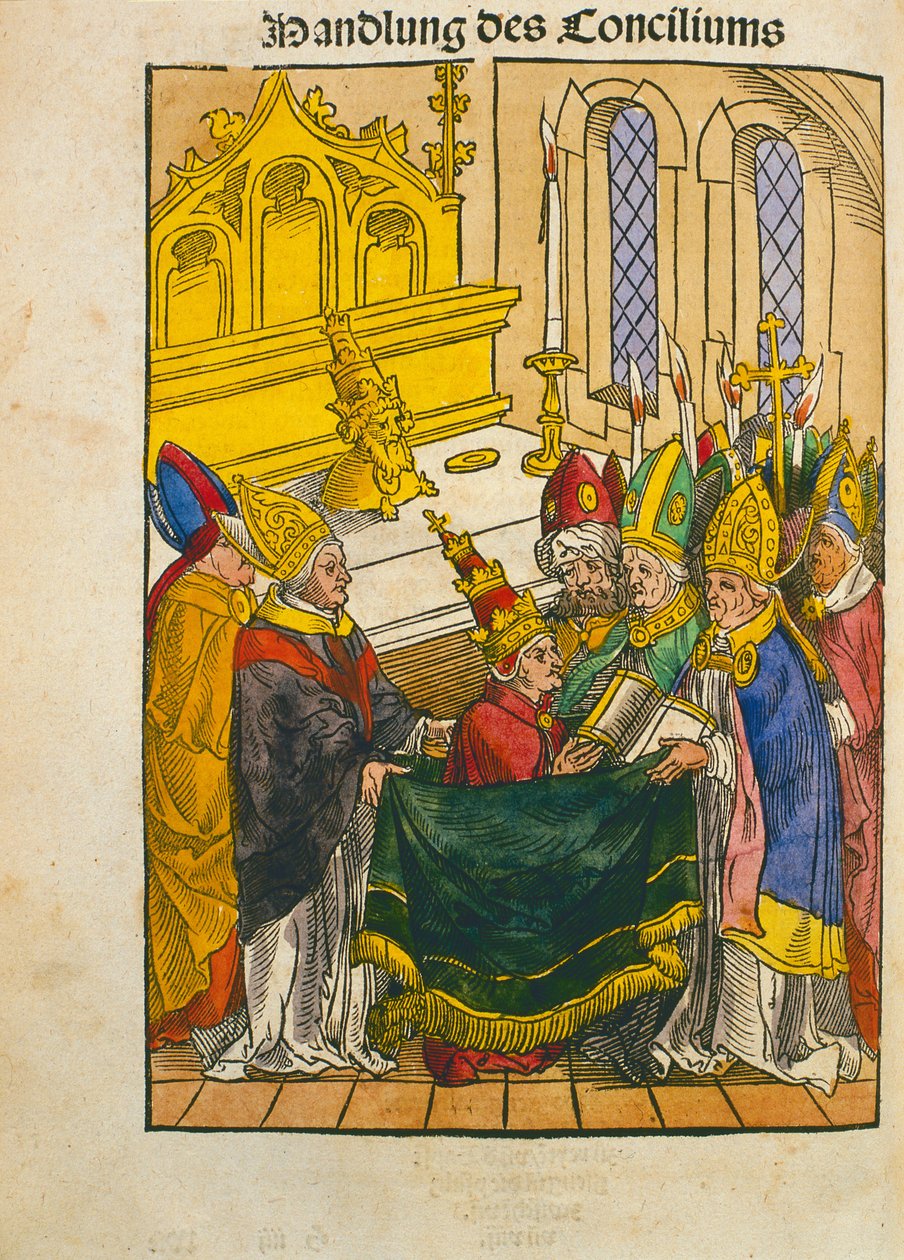 Martin V wordt geïnstalleerd als Paus op het Concilie van Konstanz, uit 