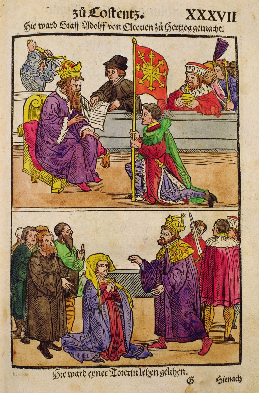 Sigismund verheft graaf Adolph van Kleef tot hertog op het Concilie van Konstanz, uit 