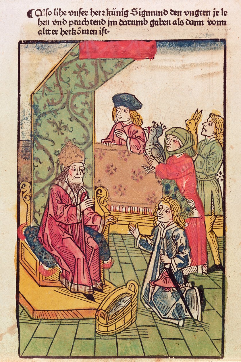 Keizer Sigismund (1367-1437) van Luxemburg ontvangt de hulde van zijn Hongaarse onderdanen, 1483 door Ulrich von Richental