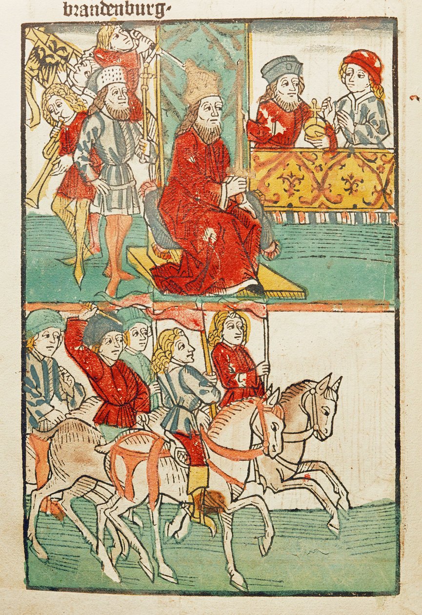 Vergoeding van de burggraaf van Nuernberg, Friedrich von Hohenzollern, met de maarten Brandenburg door keizer Sigismund ... door Ulrich von Richental
