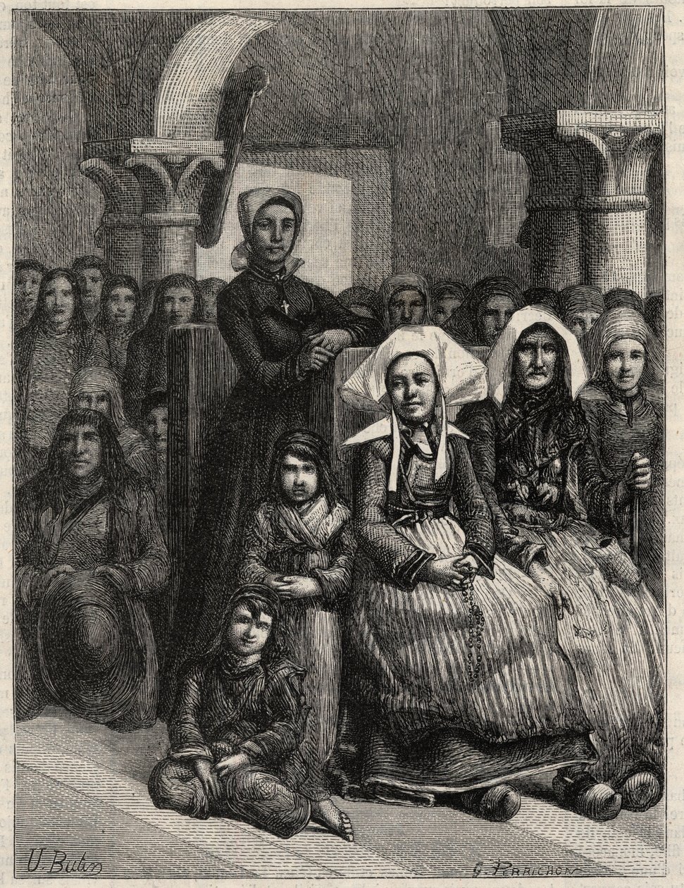 Een preek in een kerk in Bretagne, tekening door M.U. Loot. Gravure in 
