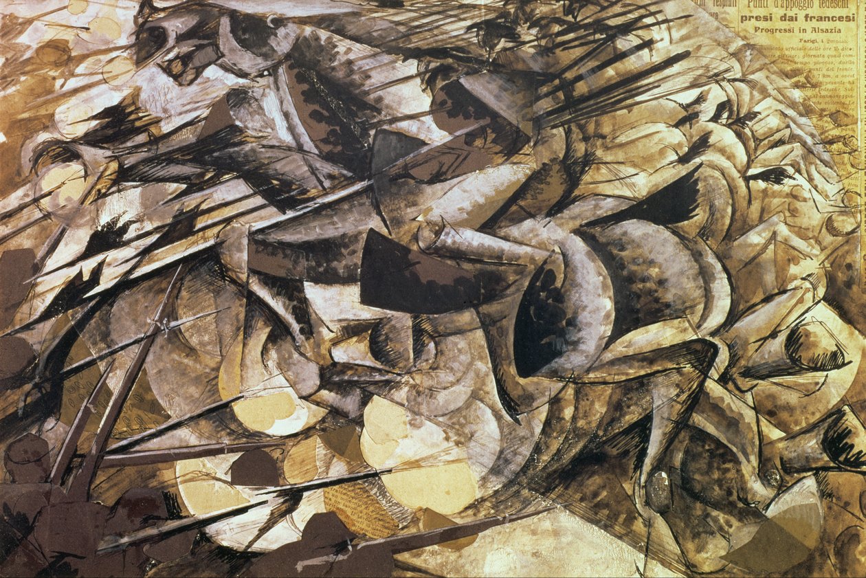De aanval van de lansiers, 1915 (collage) door Umberto Boccioni