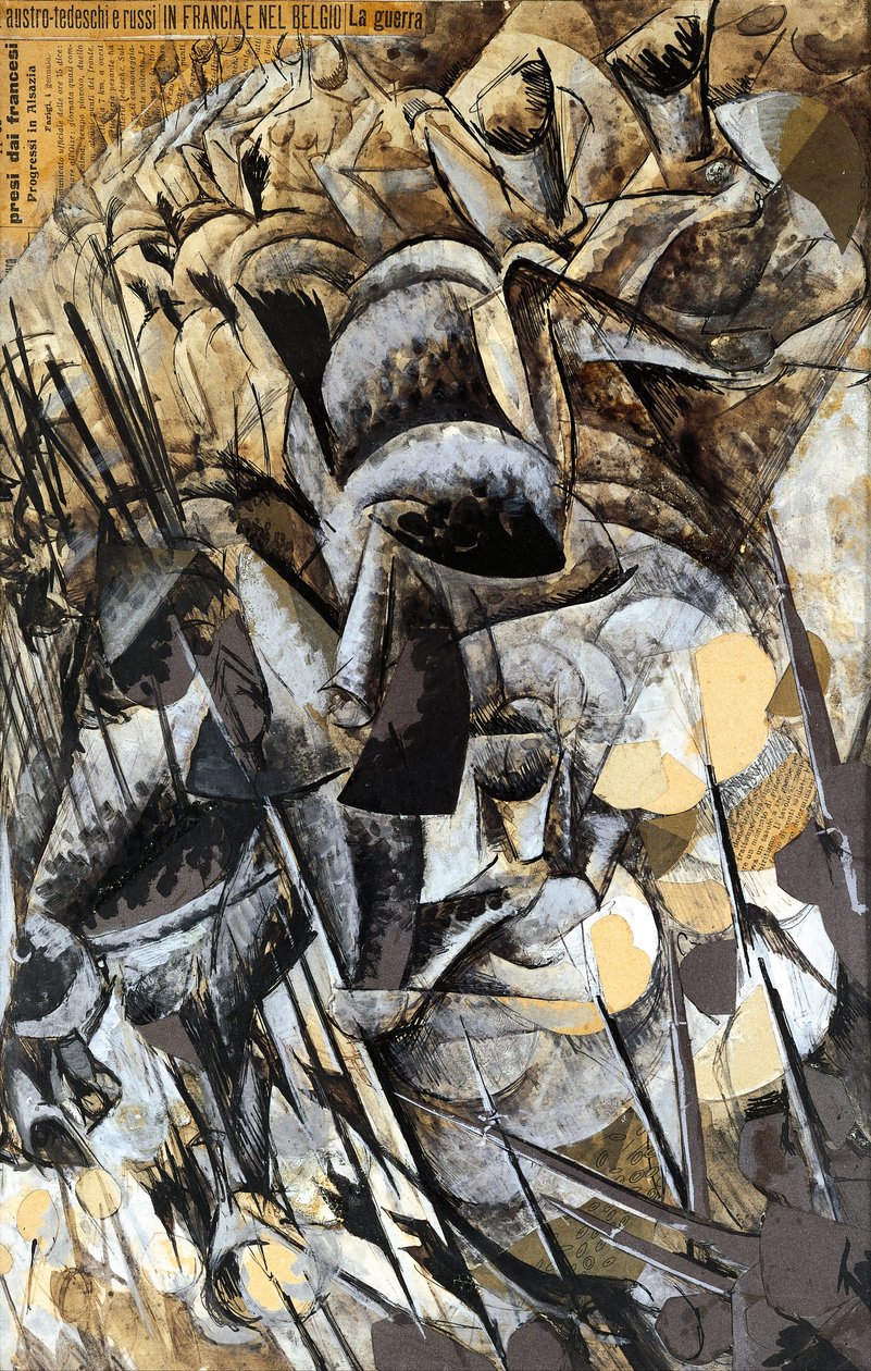 Italië, Milaan, schilderij De aanval van de lansiers door Umberto Boccioni