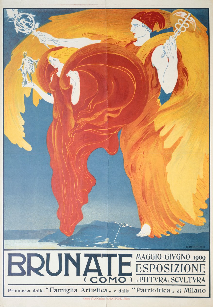 Poster voor tentoonstelling van schilderkunst en beeldhouwkunst in Brunate door Umberto Boccioni (1882-1916), chromolithografie, 70x50 cm door Umberto Boccioni