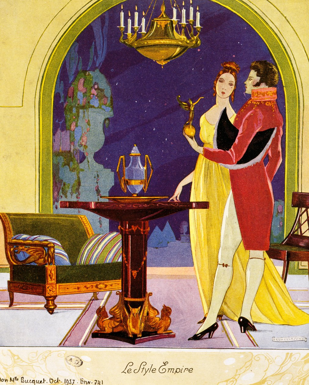 Empire stijl scène, theatraal decor, aquarel door Umberto Brunelleschi