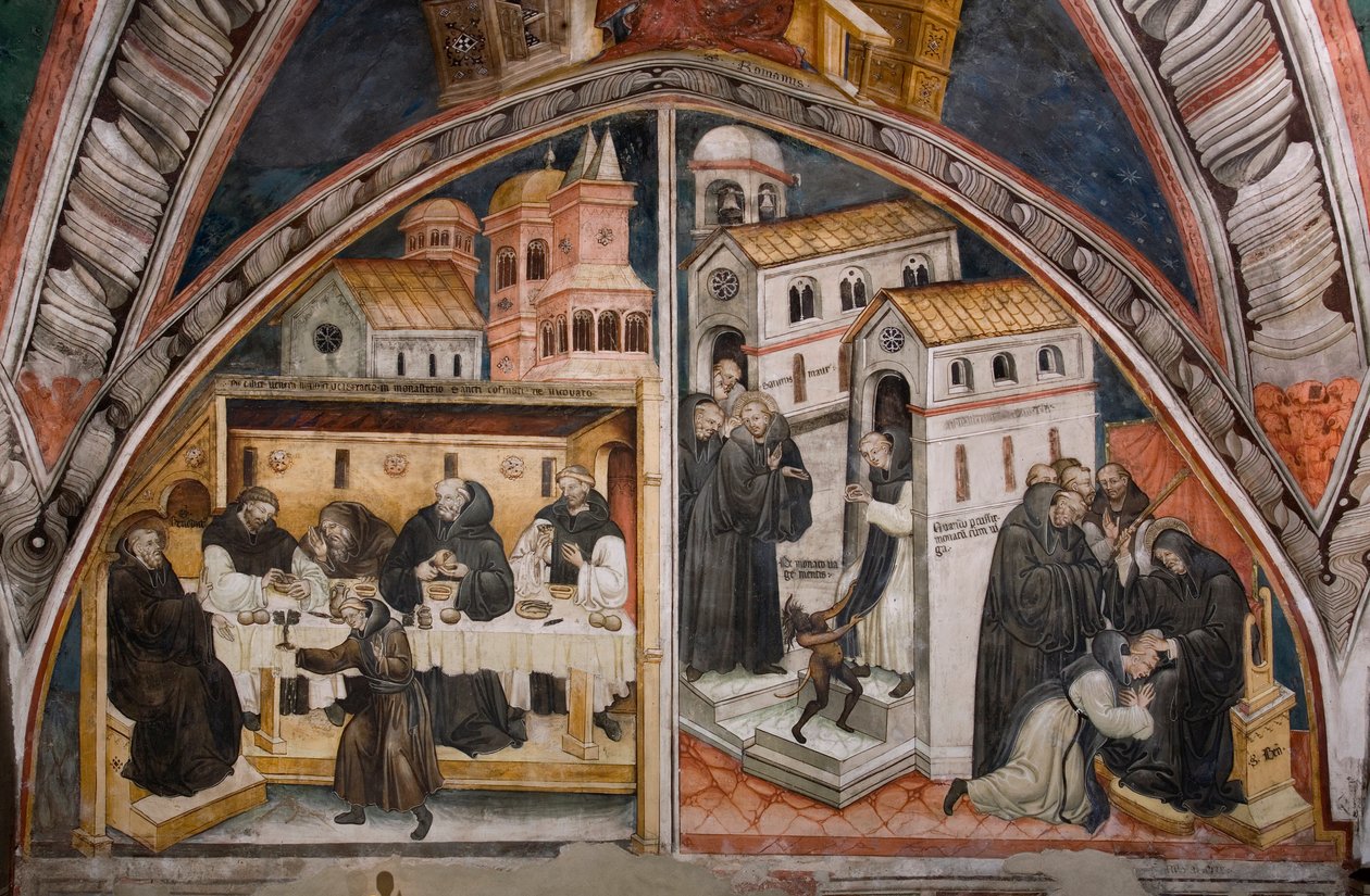 Episodes uit het leven van Sint-Benedictus van Nursie: links de aanval van de monniken van Vicovaro die Sint-Benedictus proberen te vergiftigen, deze breekt wonderbaarlijk de beker met het gif, rechts Sint-Benedictus die een monnik met acedie bestraft door Umbrian School
