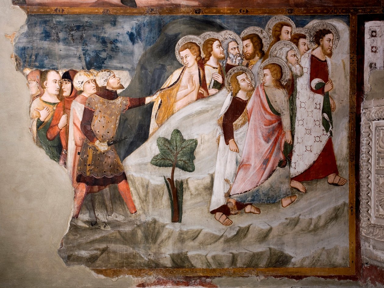 De vlucht van de apostelen (detail). Fresco van de Umbria-school uit de 15e eeuw. Bovenkerk. Klooster van Sint Benedetto (Sacro Speco), Subiaco (Rome), Italië door Umbrian School