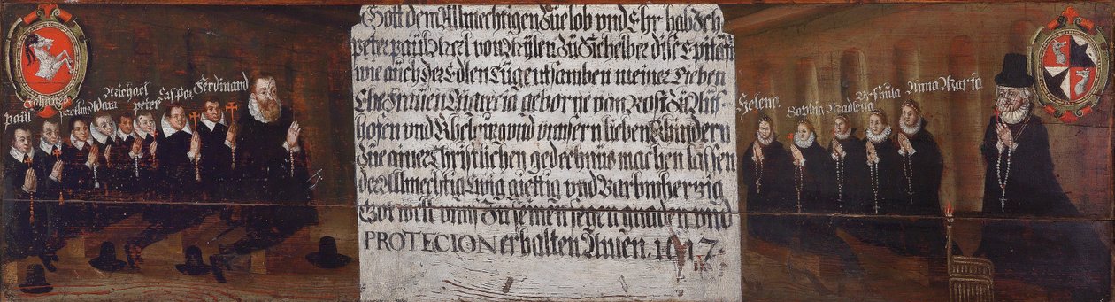 Epitaph van Peter Paul von Mörl von Pfalzen zu Mühlen und Sichelburg, zijn echtgenote Margret von Rost zu Aufhofen und Kehlburg en hun kinderen door Unbekannt Unbekannt