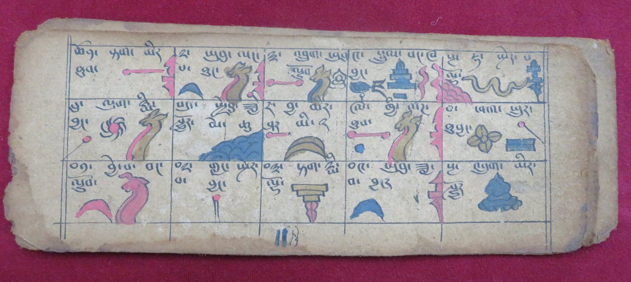 Ersu astrologische almanak voor de helft van de 11e maand, met Ersu Shaba pictogrammen en uitleg in het Tibetaans door Unbekannt Unbekannt