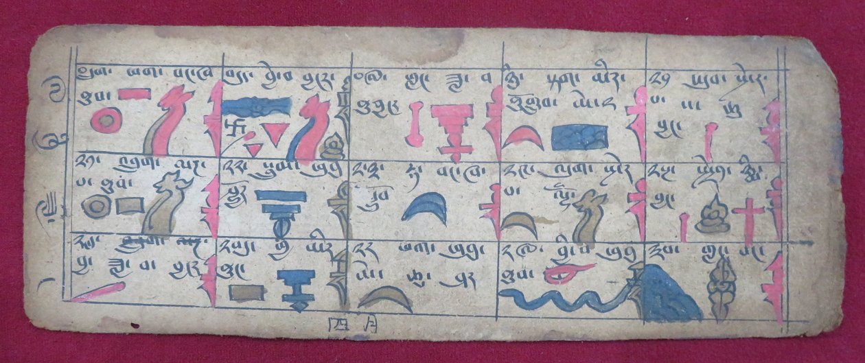 Ersu astrologische almanak voor de helft van de 4e maand, met Ersu Shaba pictogrammen en uitleg in het Tibetaans door Unbekannt Unbekannt