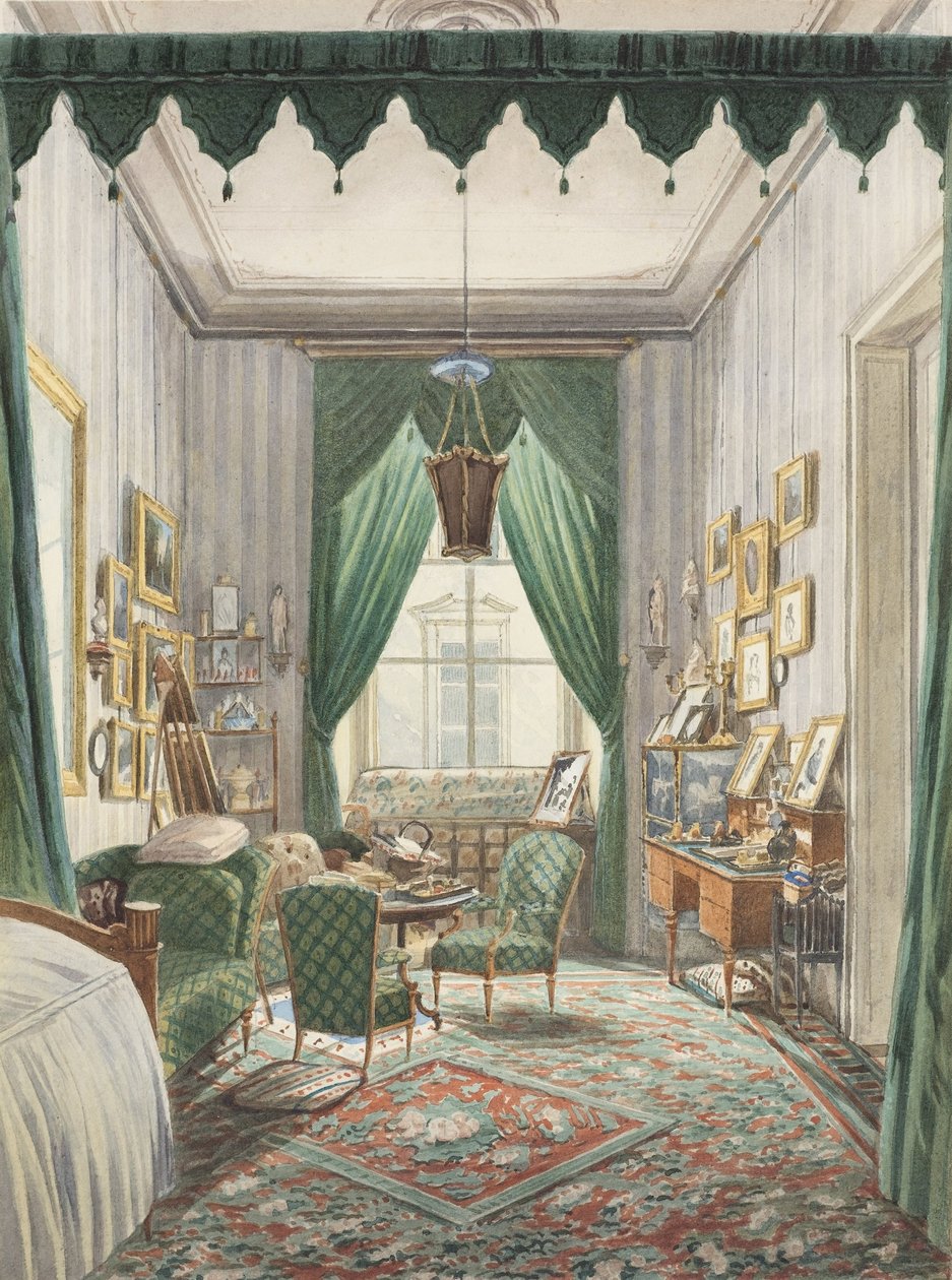 Een Interieur met een Bednis met Gordijnen door Unbekannt Unbekannt