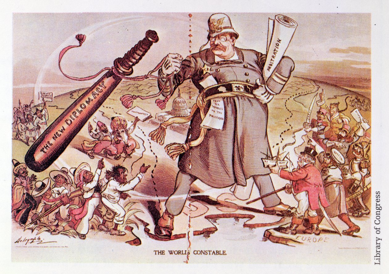 Cartoon van president Roosevelt afgebeeld als een gigantische politieagent die twee continenten overspant door Unbekannt Unbekannt