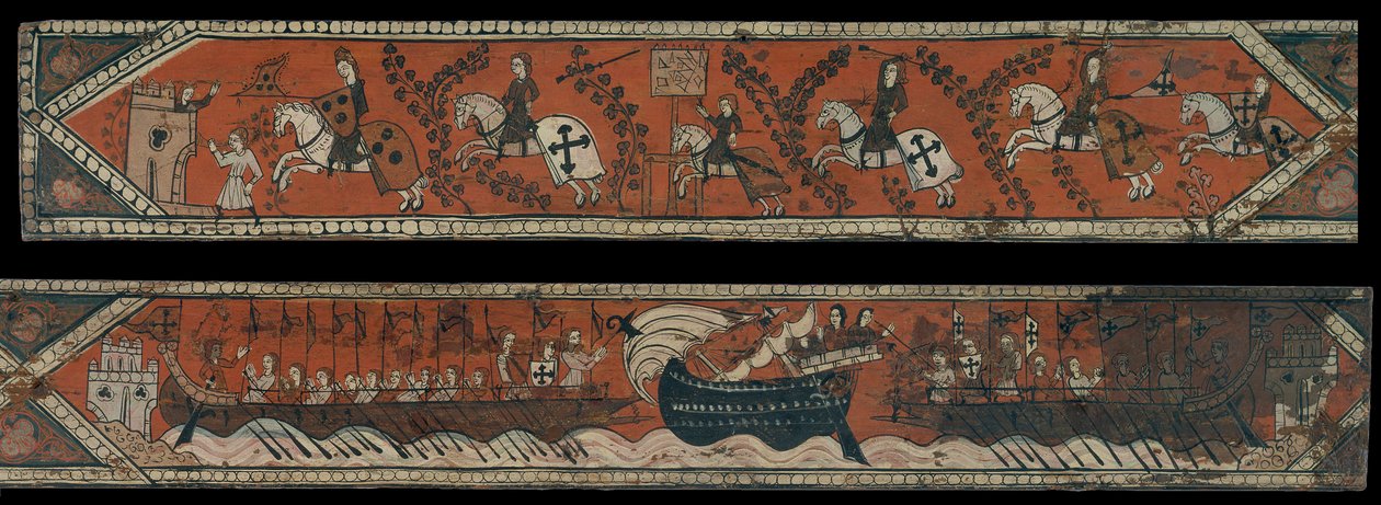 Plafondpaneel met ridders, galeien en een boot met hoge boorden door Unbekannt Unbekannt