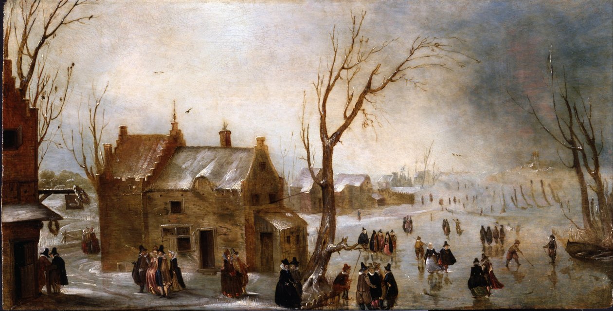 Een winters tafereel op het ijs door Unbekannt Unbekannt