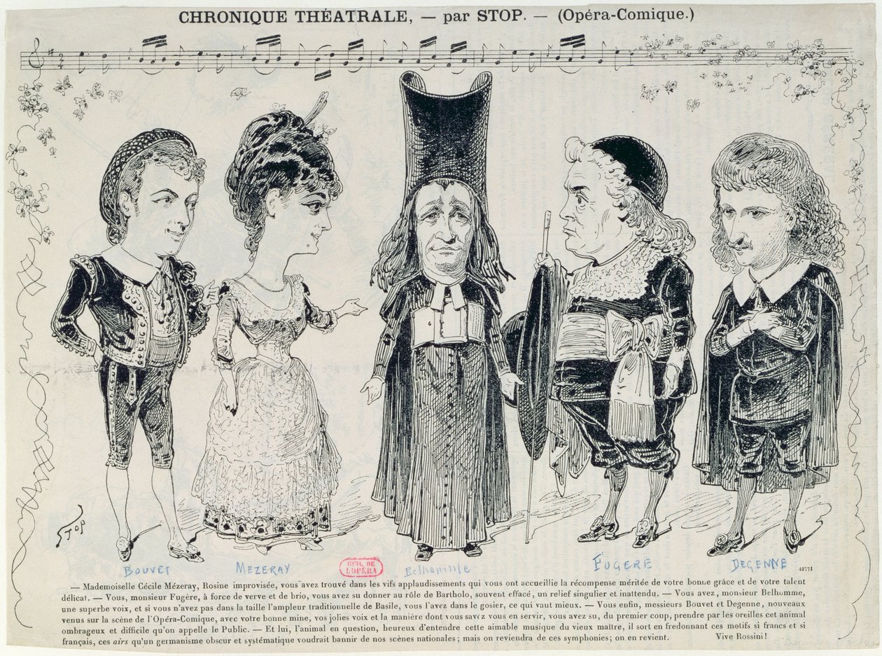 Vijf karikaturen van de cast van een Franse productie van 
