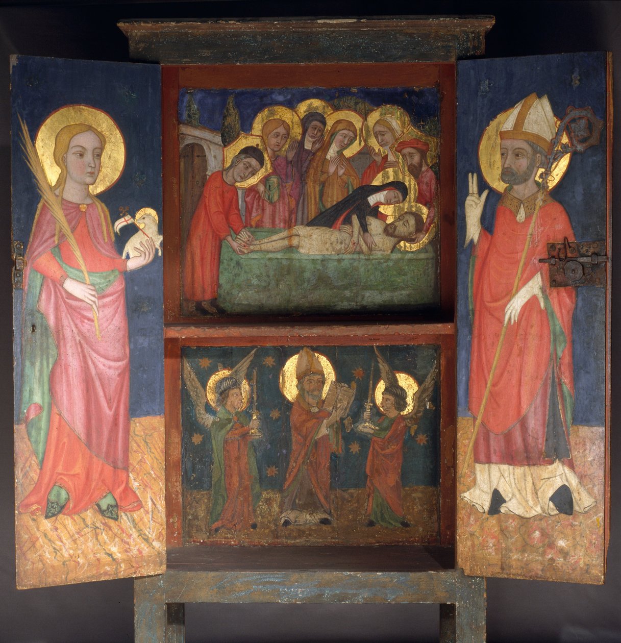Liturgische kast met de Heilige Begrafenis, Sint Agnes en een Bisschop Heilige door Unbekannt Unbekannt