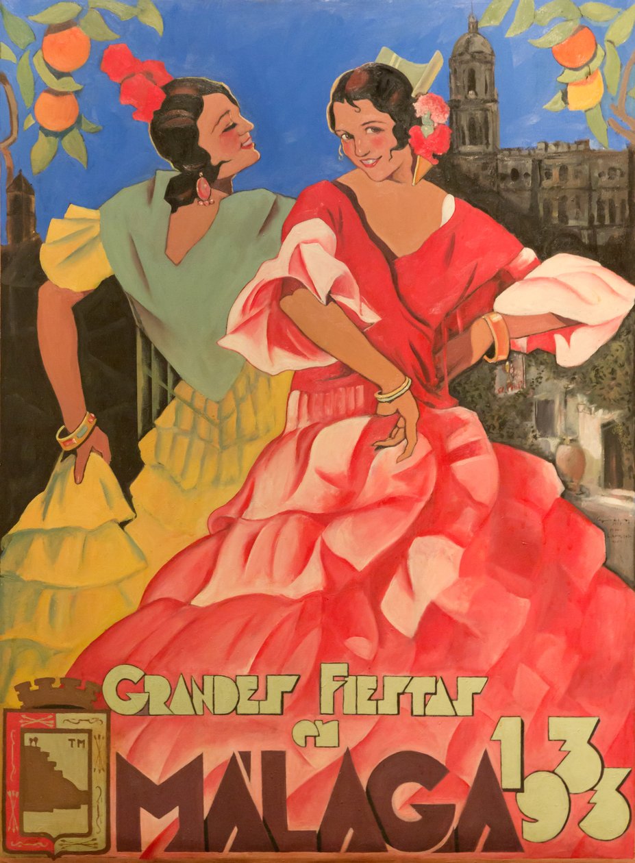 Poster die Grandes Fiestas de Malaga 1933 adverteert door Unbekannt Unbekannt