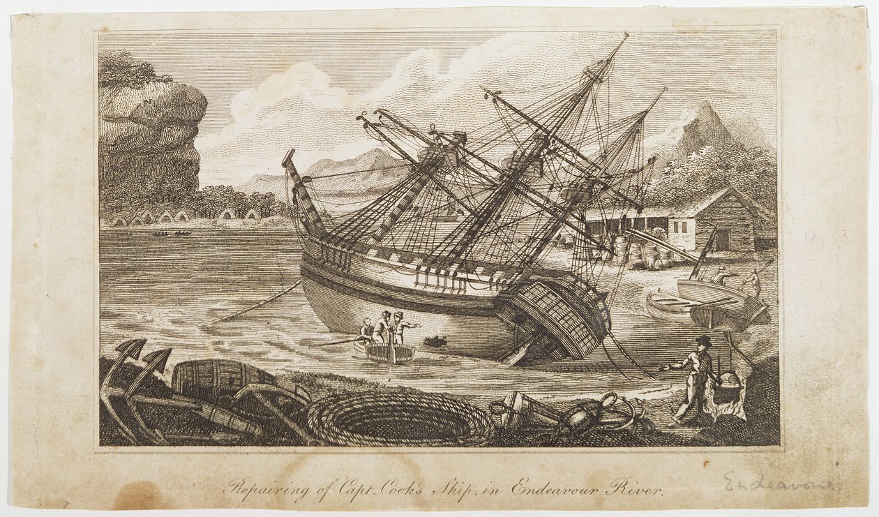 Reparatie van het schip van Kapitein Cook in de Endeavour River door Unbekannt Unbekannt