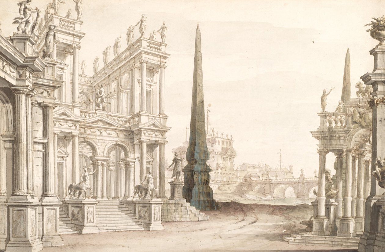 Decorontwerp toont Fantasie van Rome met de Castel Sant Angelo, de Ponte Elio en de Centauren door Unbekannt Unbekannt