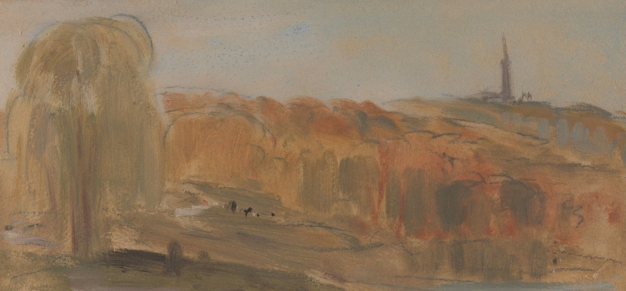 Zonnig landschap met bomen en monument op een heuvel door Unbekannt Unbekannt