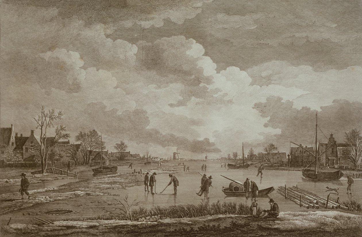 Winter, golf op ijs, kopergravure door Van Drever, ca. 1753 door Unbekannt Unbekannt