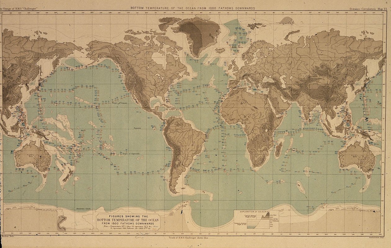 16 kaarten die oceaantemperaturen illustreren op verschillende diepten, uit verslagen van de Challenger-expeditie door Unbekannt
