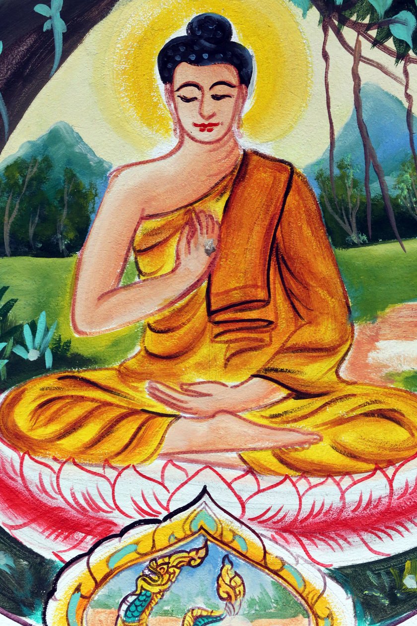 20151029, Vientiane, Laos: Wat Inpeng boeddhistische tempel. Schilderij dat het levensverhaal van Shakyamuni Boeddha uitbeeldt. De onderwijzende Boeddha toont een bijzonder moment in het leven van de Boeddha, namelijk de eerste preek die de Boeddha gaf na  door Unbekannt