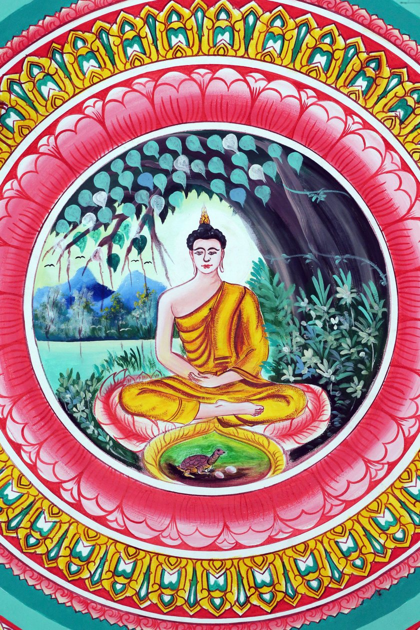 20151029, Vientiane, Laos: Wat Inpeng boeddhistische tempel. Schilderij dat het levensverhaal van Shakyamuni Boeddha uitbeeldt. Boeddha zittend in de meditatiehouding door Unbekannt